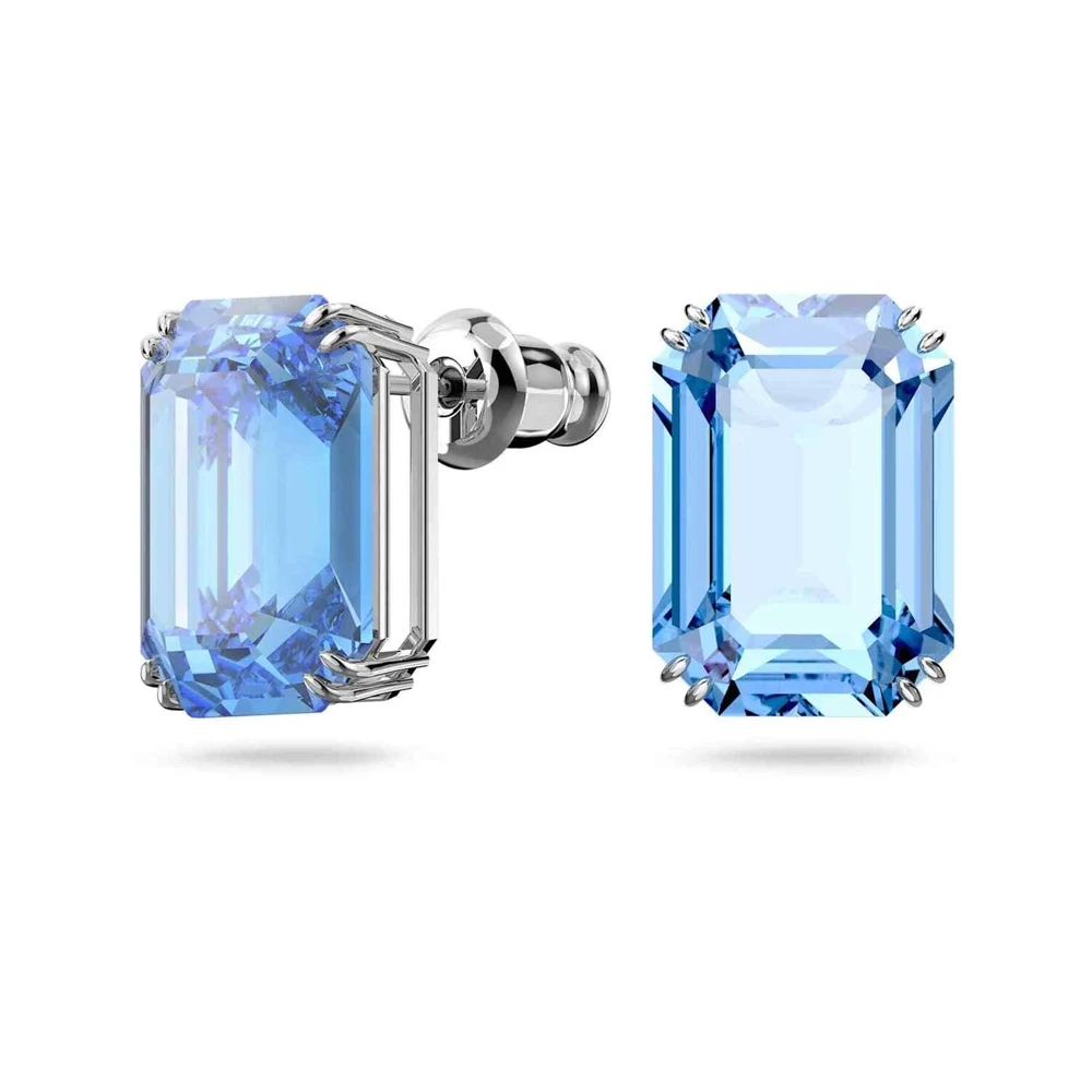 

Серебристые серьги-подвески с синими кристаллами изумрудной огранки – в стиле Halo & Pavé Hoop