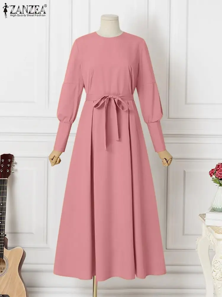 ZANZEA Women Autumn Elegant Sundress Casual Abaya Robe Femme Party Maxi Vestidos Dubai Turkey Muslim Long Sleeve Solid Dress