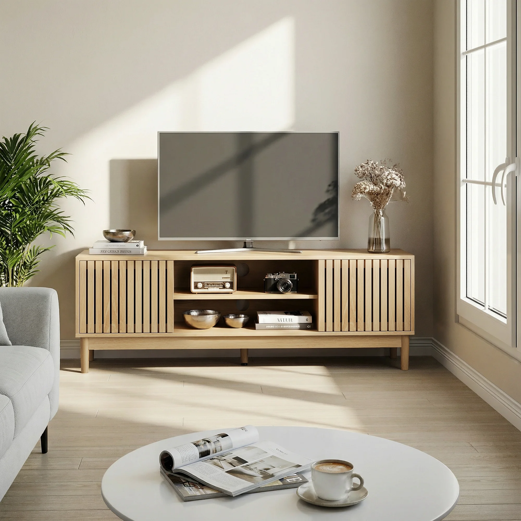 140 cm hoher TV-Ständer, Mid-Century Modern Medienkonsole für 55/65 Zoll Fernseher, Aufbewahrungs-Entertainment-Center – Eiche für Wohn- und Schlafzimmer
