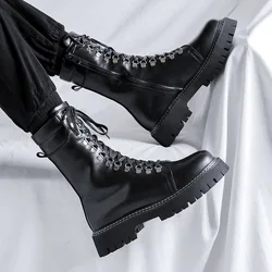 British style men's fashion platform boots lace-up genuine leather shoes punk steam motorcycle boot high top knight botas hombre