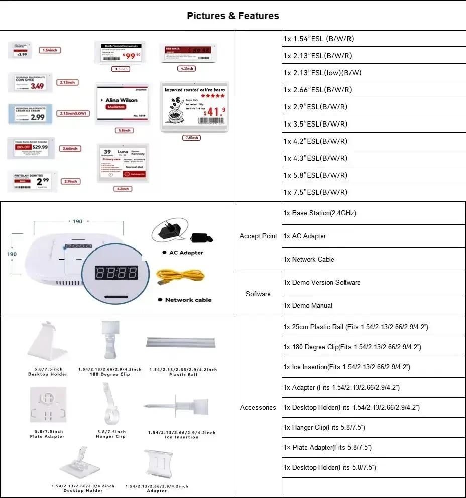 10 pcs Epaper label 2.4GHz Electronic shelf label samples Eink display ESL price tag  package retail shop ESL label demo kit