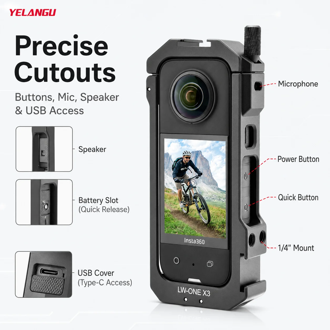 YELANGU Metal Protective Cage for Insta360 X3 Aluminum Alloy Frame with Foldable Mount 1/4 Thread Expansion Camera Case