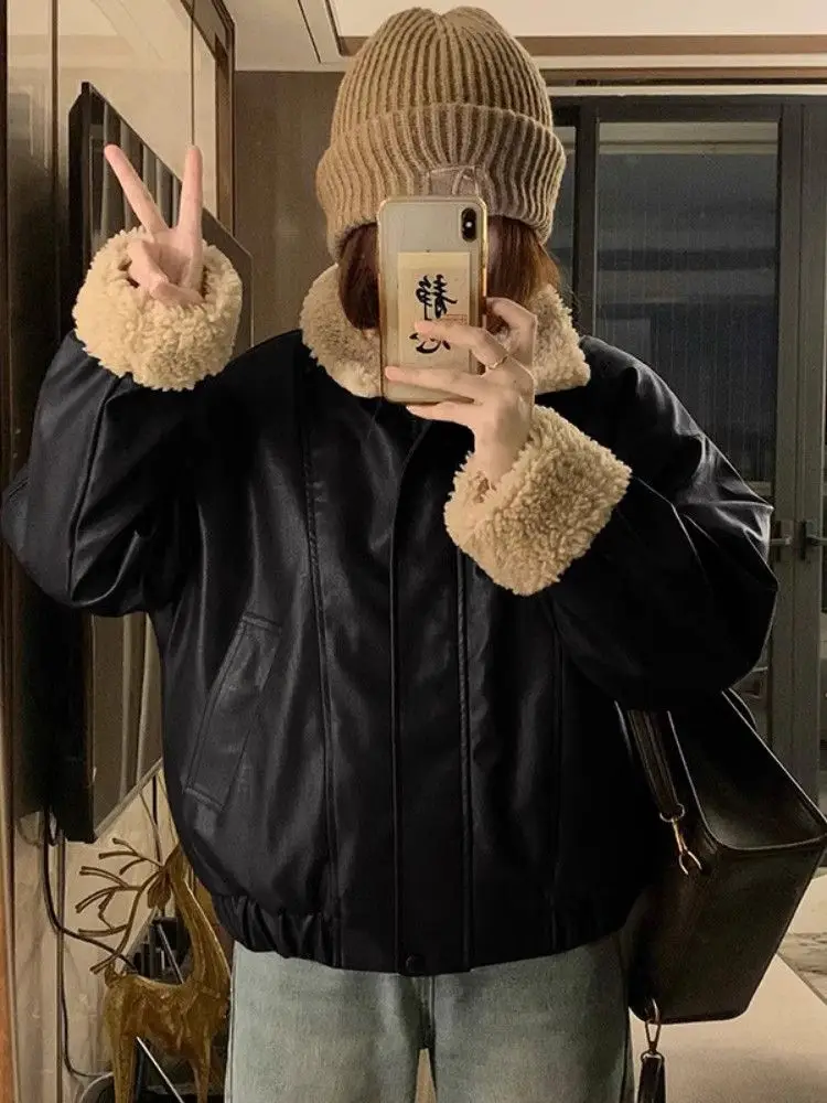 

Осень-зима, свободный джат из искусственной кожи с мехом ягненка, женский байкерский топ с воротником в стиле ретро, верх из воротнистой кожи и меха