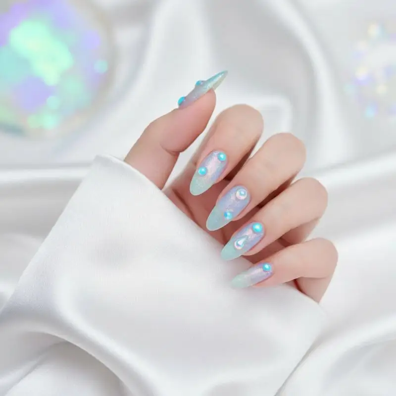 

Oval Matte Nails Blue Tear White Decoration Style Press On Manicure Set for Celebrations and Casual Wear