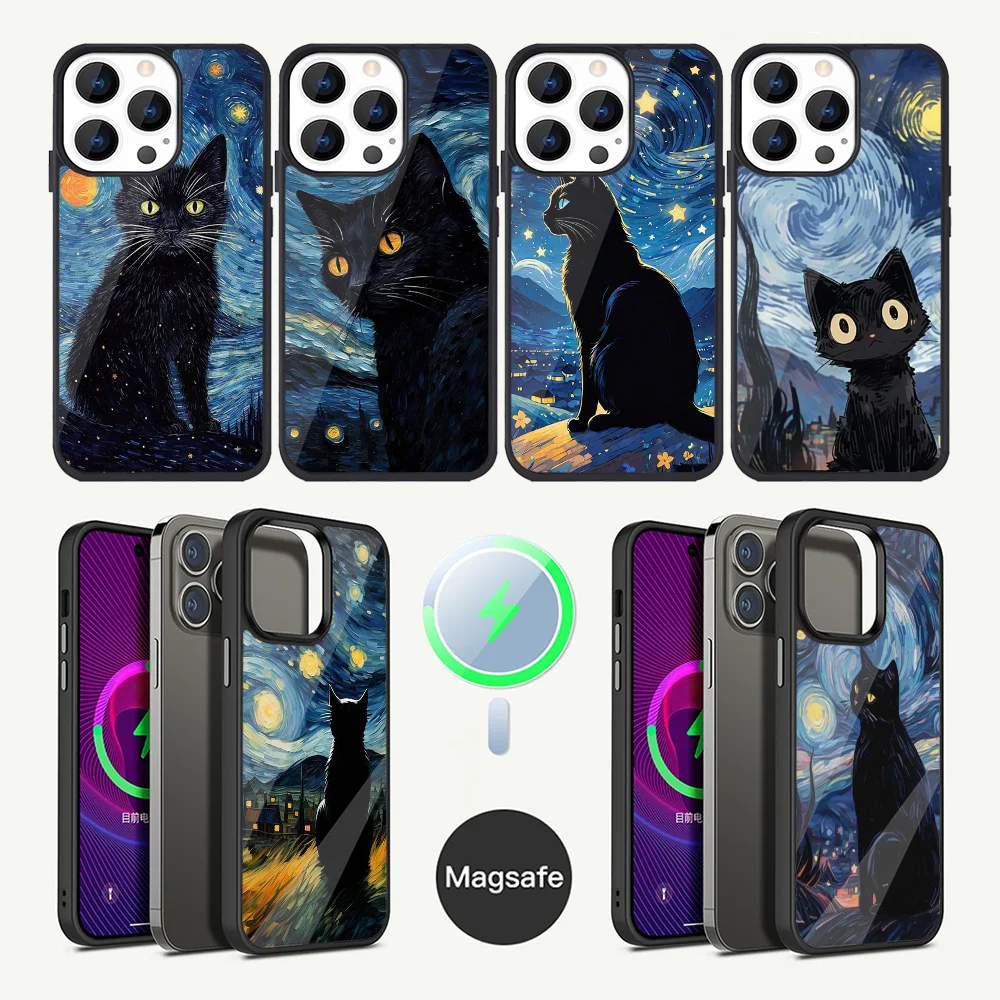

Cute Black Cat Starry Night Phone Case For iPhone 16,15,14,13,12,11,Plus,Pro,Max Mini Magsafe Magnetic Wireless Charging