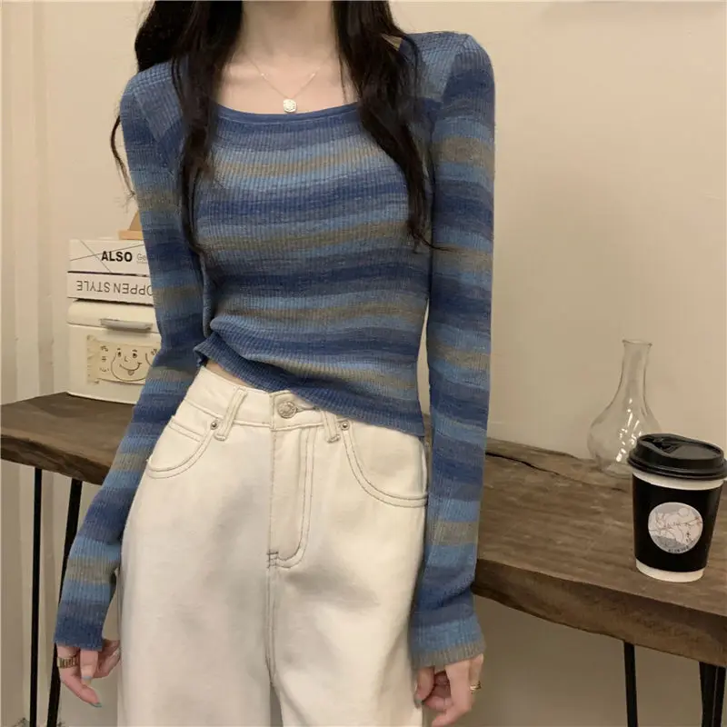 Slim Casual Long Sleeve Pullovers Interior Lapping Fashion Square Collar Tops Undercoat Sweaters Vintage Women Clothing 2023