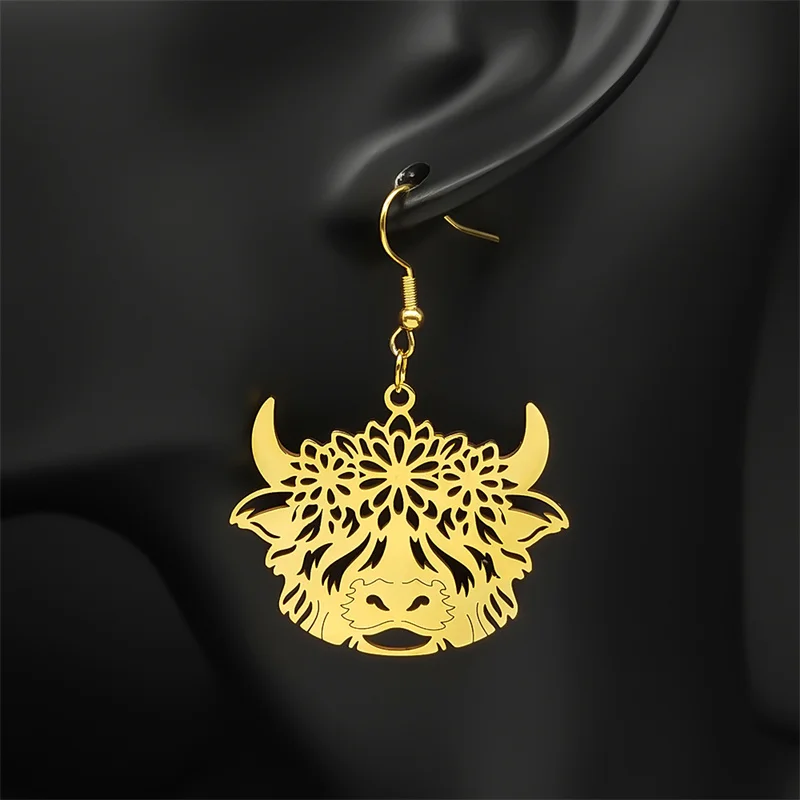 Bohemia Flower Cattle Cow Dangle Earrings for Women Men Stainless Steel Gold Silver Color Bull Calf Animal Earring Jewelry