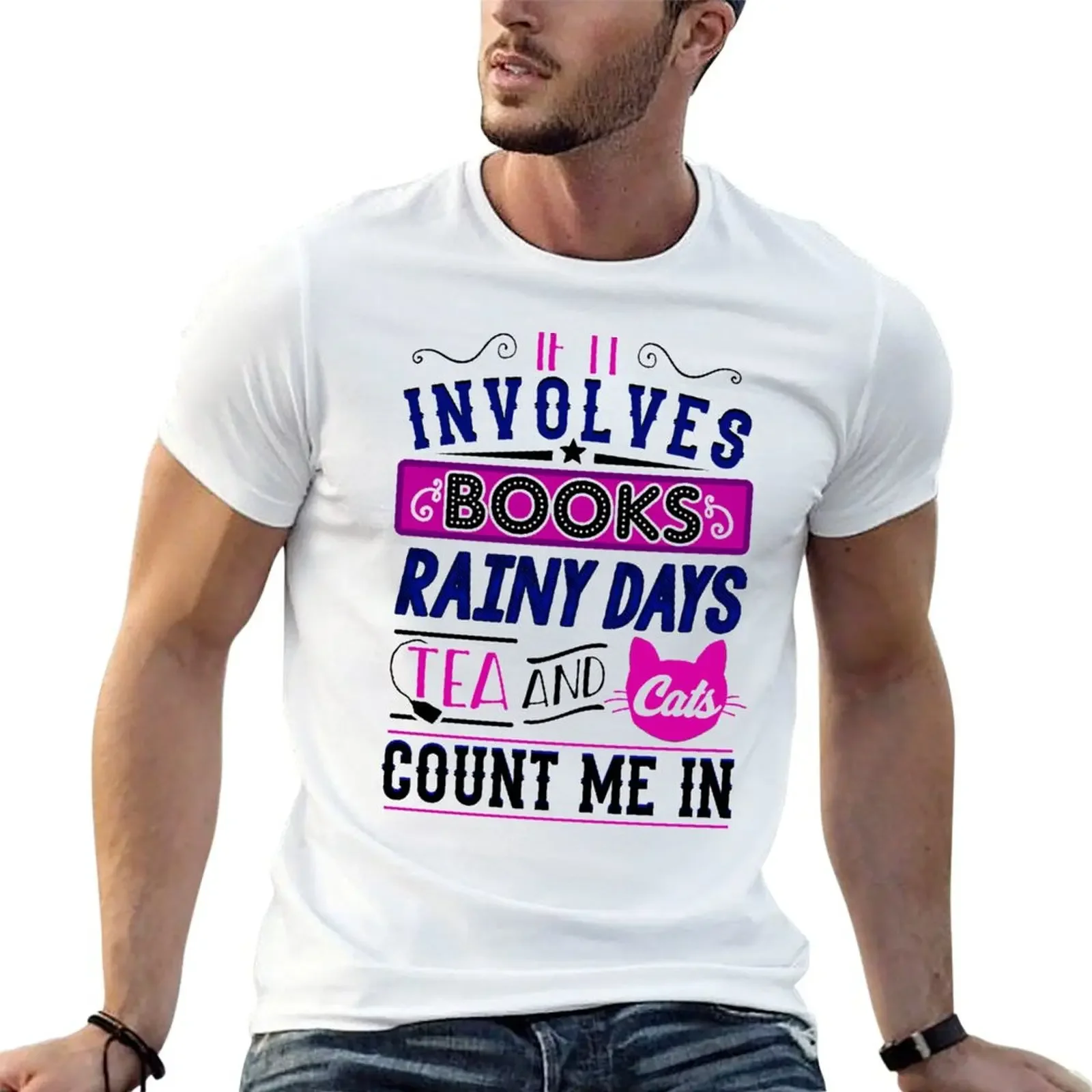 

Books, Rainy days, Tea and Cats T-Shirt oversized summer tops graphics vintage clothes big and tall t shirts for men