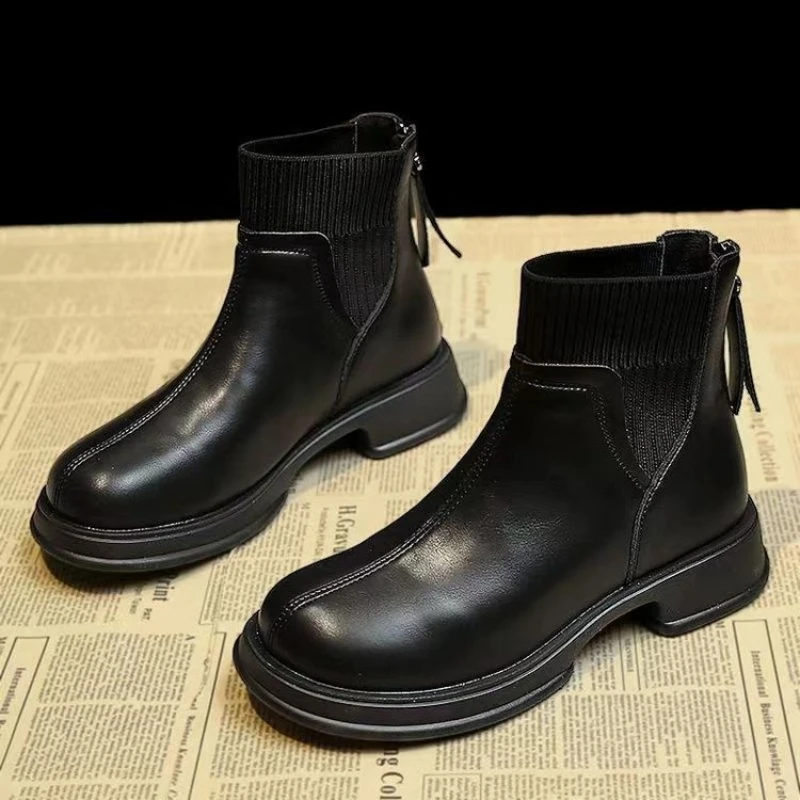 

Designer Women's Boots Zip Leather Ankle Boots Fashion Non Slip Platform Casual Shoes High Quality Round Head Shoes for Women