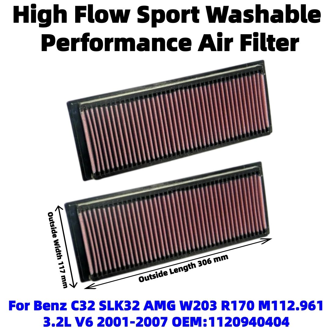 High Flow Sport Washable Performance Air Filter For Benz C32 SLK32 AMG W203 R170 M112.961 3.2L V6 2001-2007 1120940404 33-2256