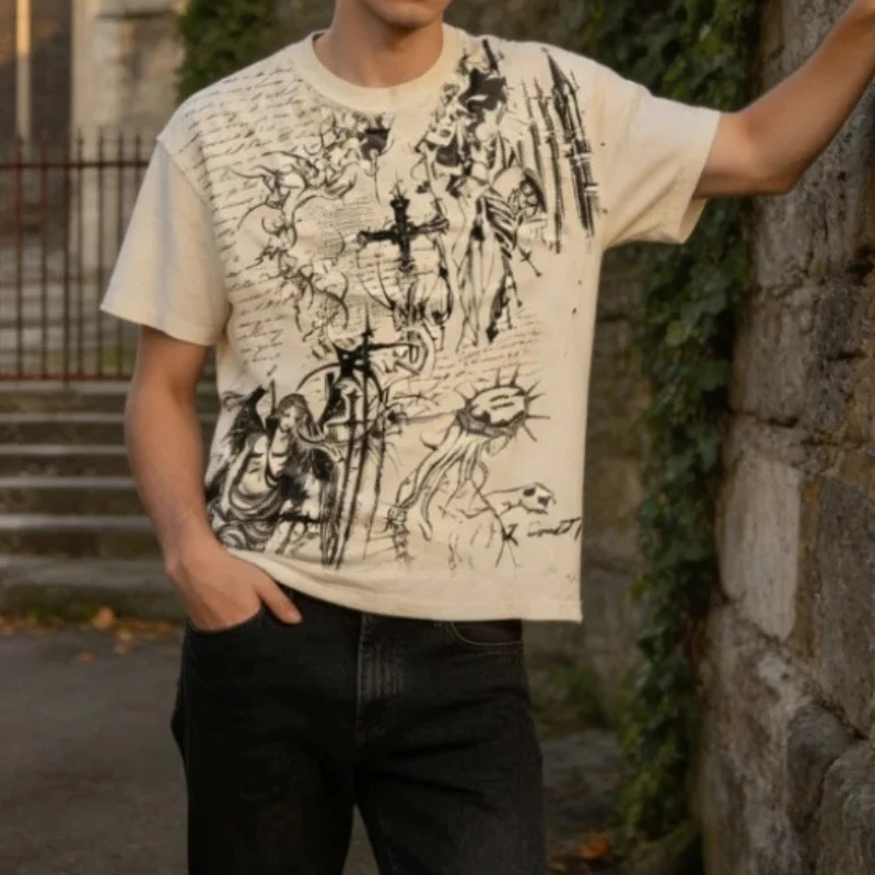 Luxury Summer Harajuku Gothic Vintage Washed Tshirt Angel Cross Sketch Print Loose Y2k Dark Streetwear Short Sleeve Unisex Tees