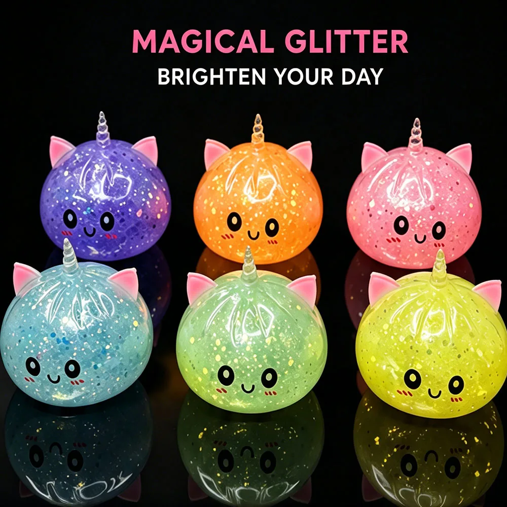 Kawaii Unicorn Steamed Bun Squishy Sequin Bead Filled Squeeze Fidget Sensory Anxiety Vent Aesthetic Room Desk Decor Ornament
