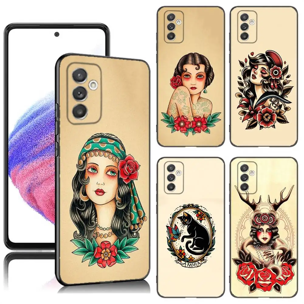 

Old School Tattoo Vintage Phone Case For Samsung S24,23,22,30,21,10,9,Ultra,Plus,Lite,FE,5G Black Soft Case