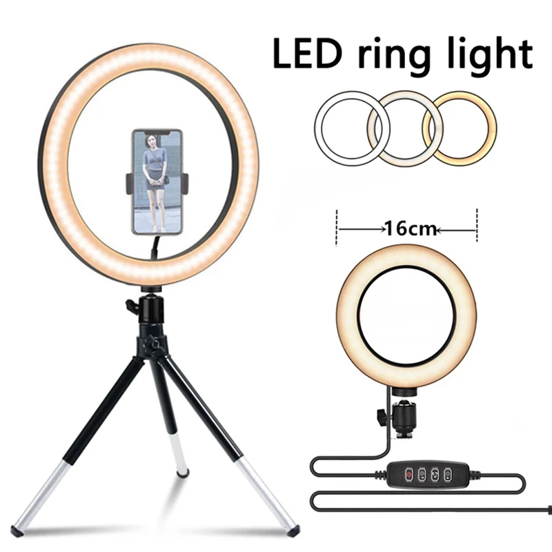 16/26/33cm LED Selfie Ring Light Photography Round Fill Lighting With Adjustable Tripod Phone Stand for Makeup Tiktok Video Live