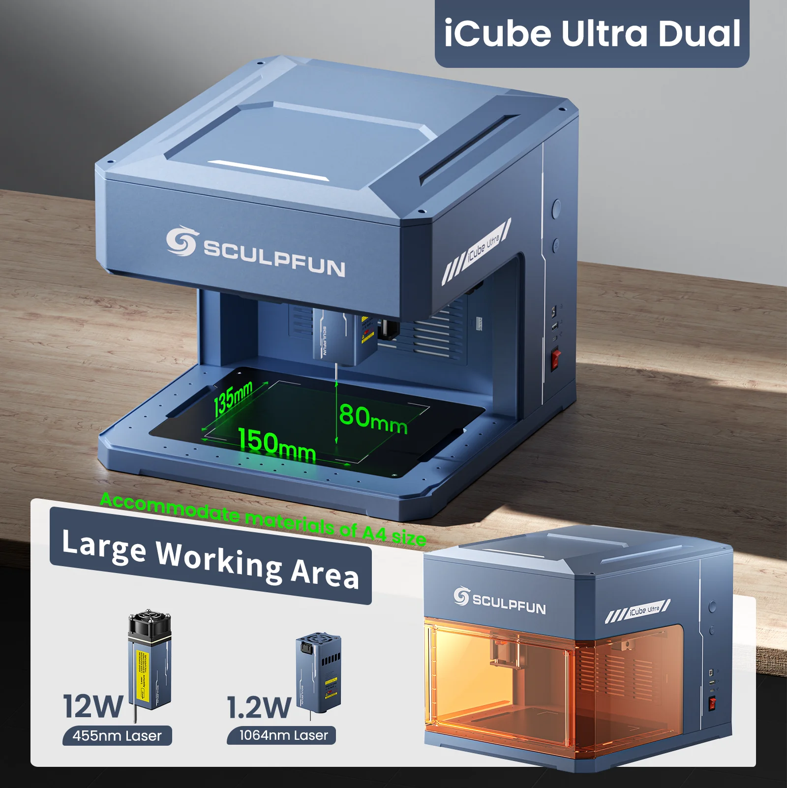 Image of SCULPFUN iCube Ultra Dual 12W+1,2W Lasergraviergerät, 10000mm/min Geschwindigkeit, eingebauter Rauchfilter, 4 Lichtmodi, 150x135mm Arbeitsbereich