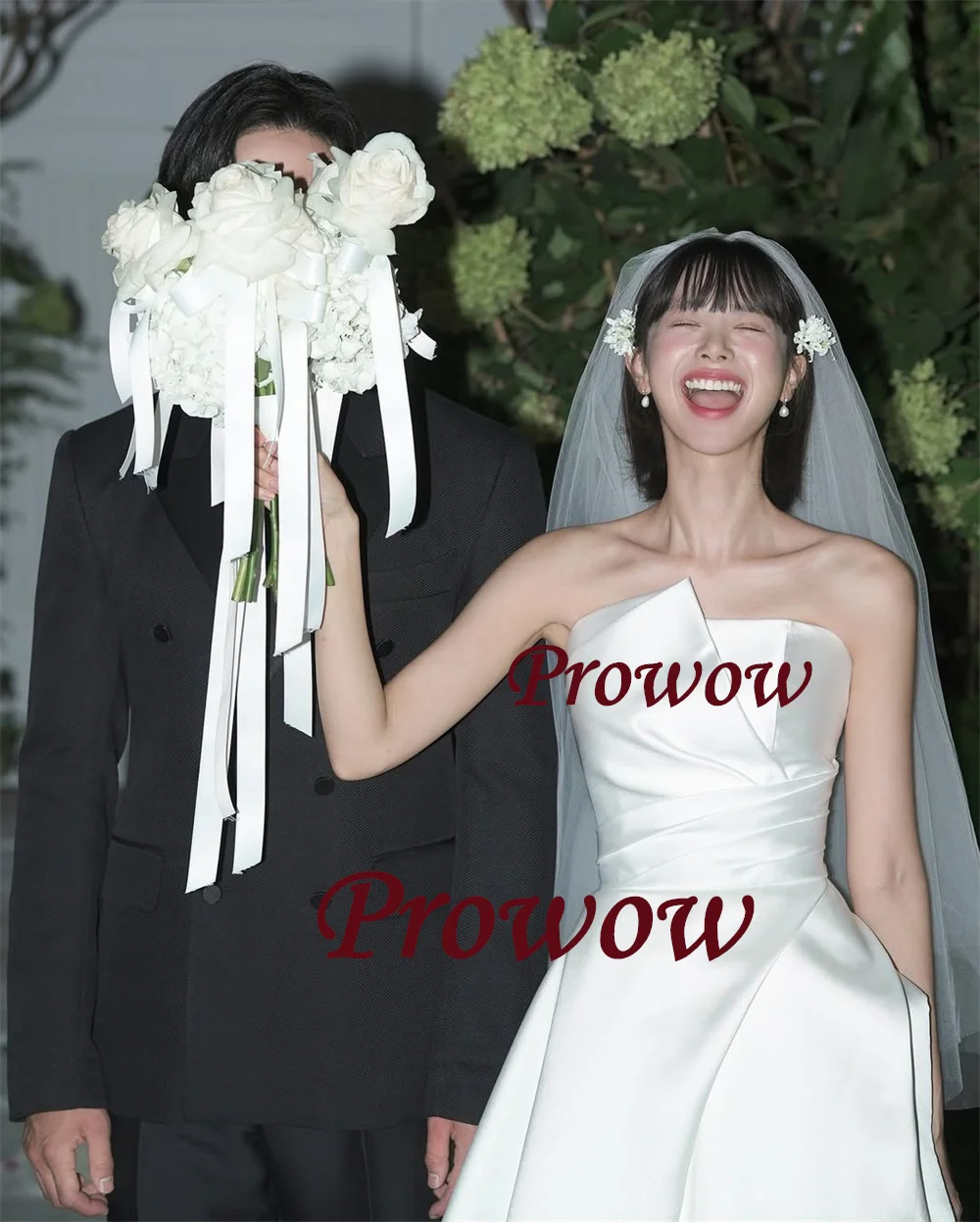 

Prowow Elegant Strapless Soft Satin Wedding Dress A-line Draped Sweep Train Korea Bridal Gown Customized Sleeveless Photo Shoot