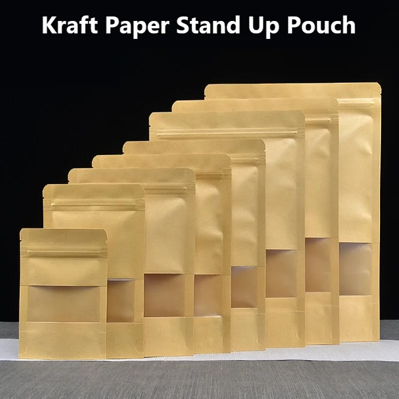 50pcs Kraft Paper Window Stand Up Bags Clear/Frosted Window Food Storage Bags Snack Packaging Self Standing