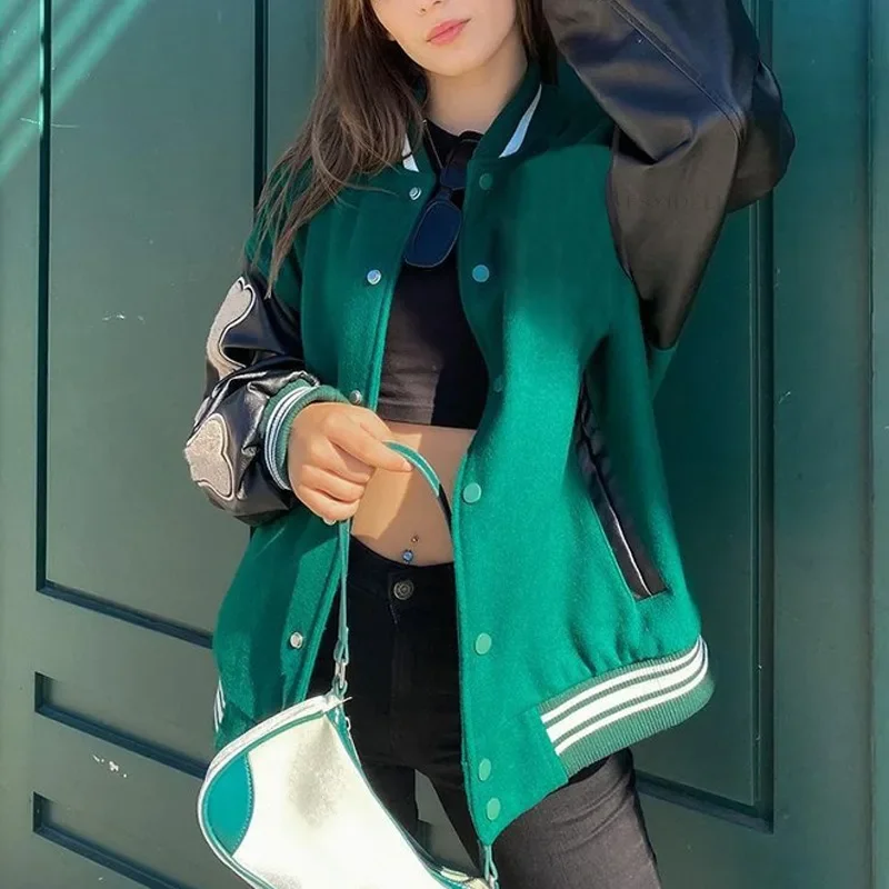 Women's Baseball Jacket Leather Sleeve Patchwork Hip-hop Bone Embroidery Autumn and Winter New Thickened Jacket 2024 New YDL38