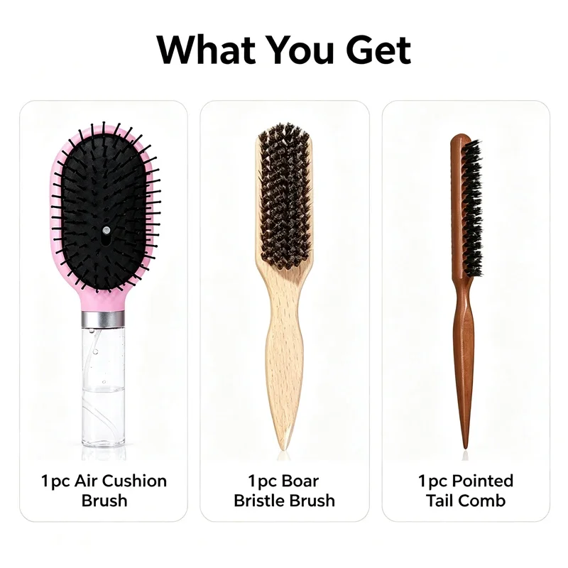 3Pcs Hair Brush Kit Refillable Fine Mist Spray Air Cushion Comb Natural Bristle Teasing Brush Salon Hair Styling Tools