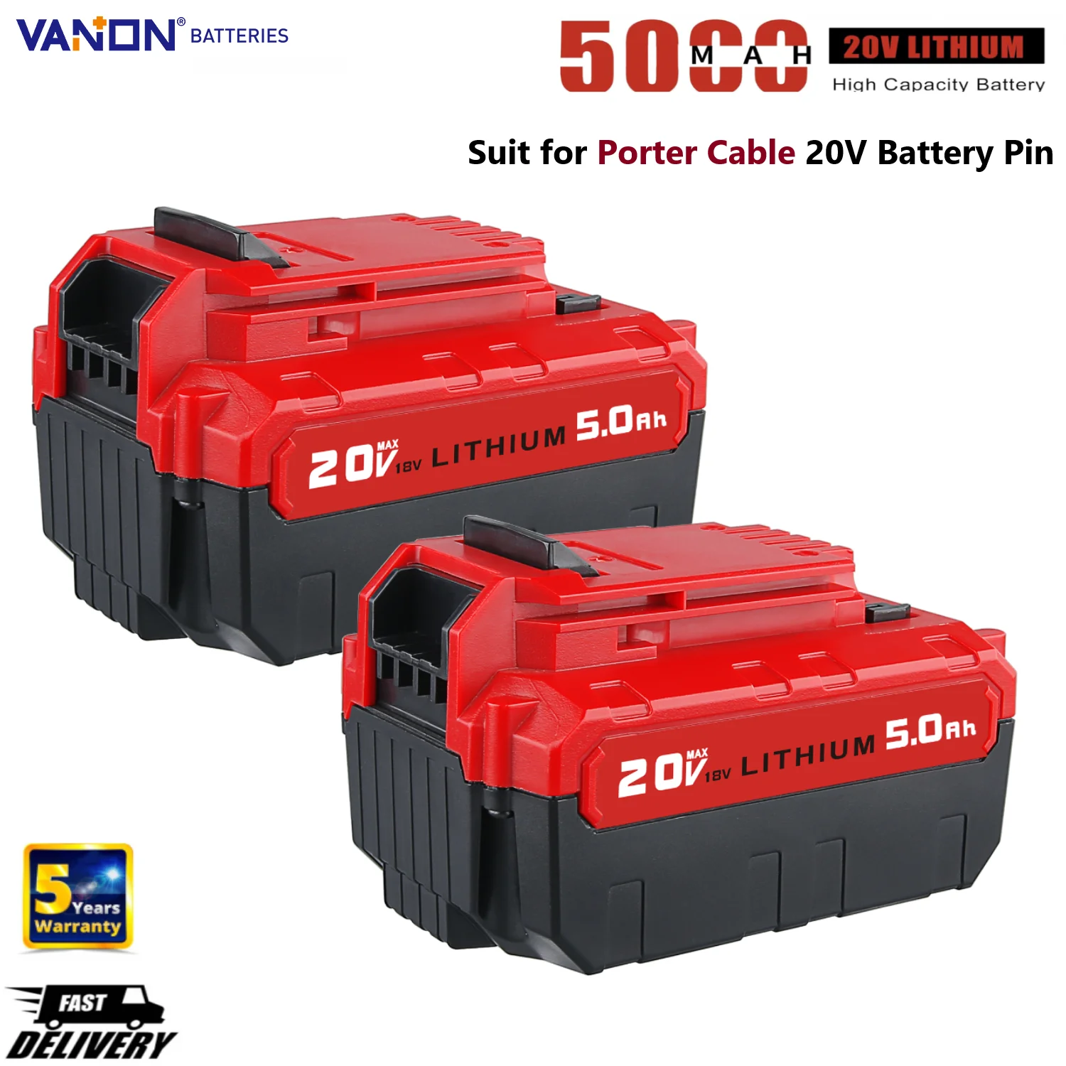 

VANON 2Pack 5.0Ah Replace for Porter Cable PCC685L PCC620LB PCC670B PCC680L PCC682L PCC710B PCC772B 20V Power Tools Battery Pin