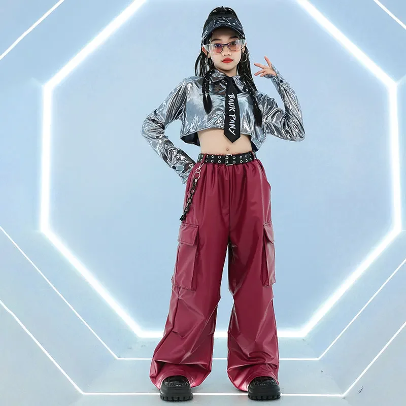 소녀 k-pop 자르기 반짝 이는 재킷 가죽 레오파드 카고 바지 어린이 힙합 스트리트 댄스 반바지 의류 세트 어린이 재즈 streetwear