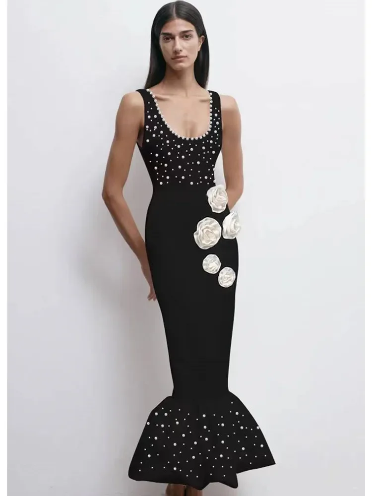 

Luxury Designer Bandage Dress Women Elegant Black Sleeveless U Neck Mermaid Dresses with White Pearls Appliques Long Party Gowns