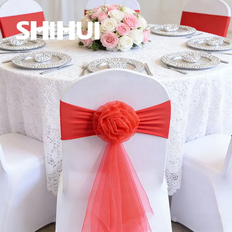 4/6/12/50/100 Pcs Chair Sashes Flower Grenadine Knot Back Elastic Sash Band Bow For Hotel Banquet Wedding Party Event Decoration