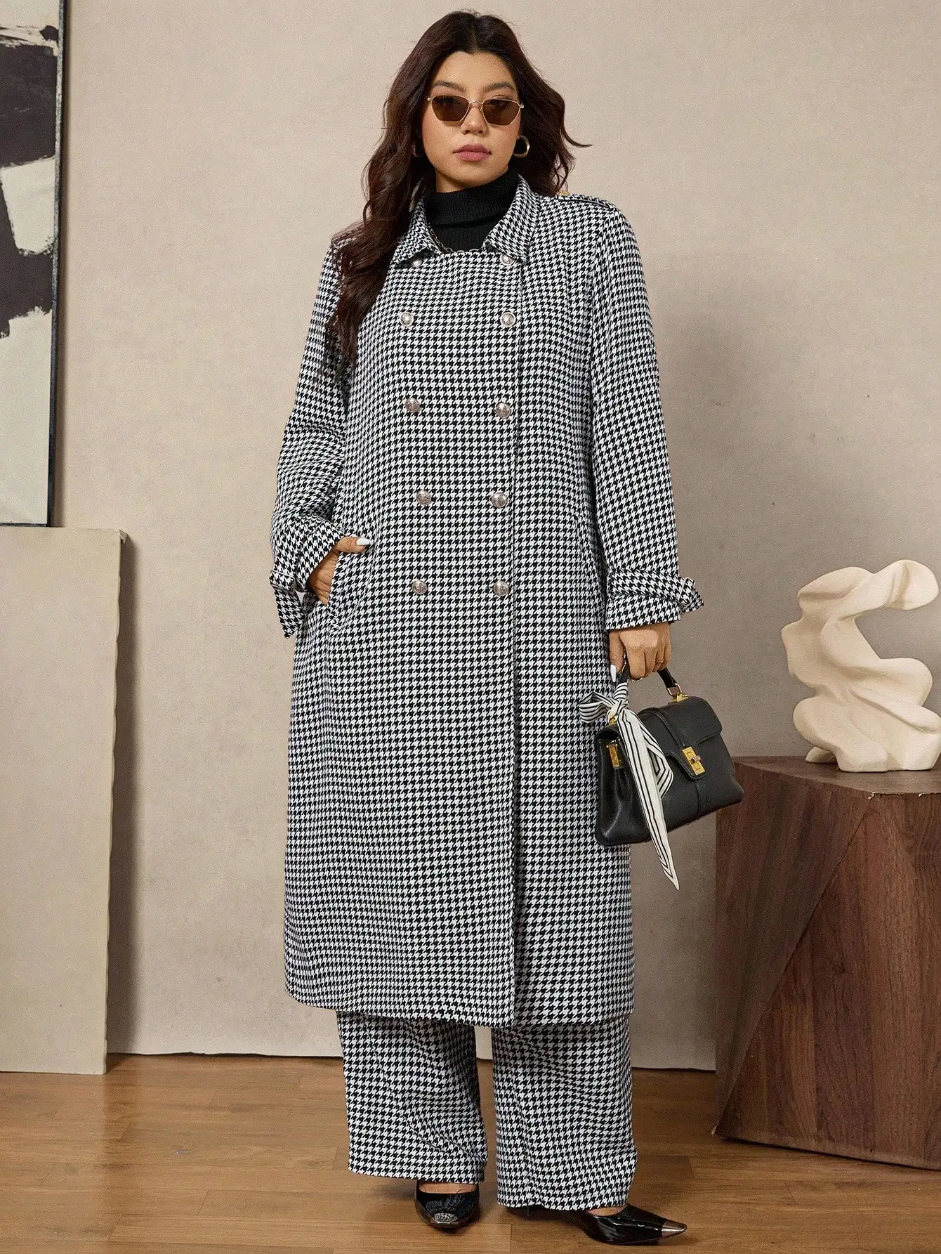 بدلة بليزر بنقشة هاوندستوث مع بنطلون واسع للنساء ذوات المقاسات الكبيرة، زي مكتبي غير رسمي للشتاء والخريف