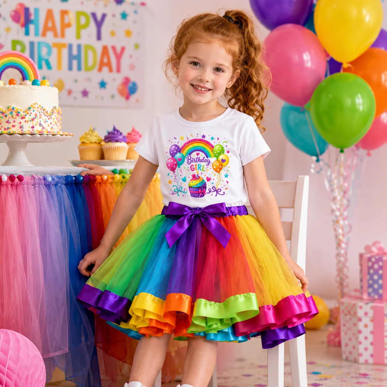 Regenbogen-Tutu-Kleid für Geburtstagsmädchen für Kinder von 2–8 Jahren, kurzärmliges T-Shirt-Oberteil + buntes Tüllrock-Set, Geburtstags-Set mit Cupcake-Aufdruck – Detail 4