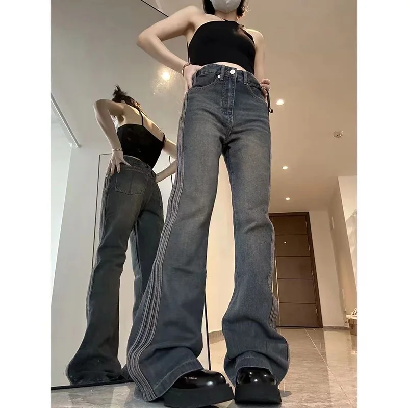 American Vintage Jeans For Women Aesthetic Low Rise Flare Pants Fashion Cyber Y2k Streetwear Denim Trousers Femme