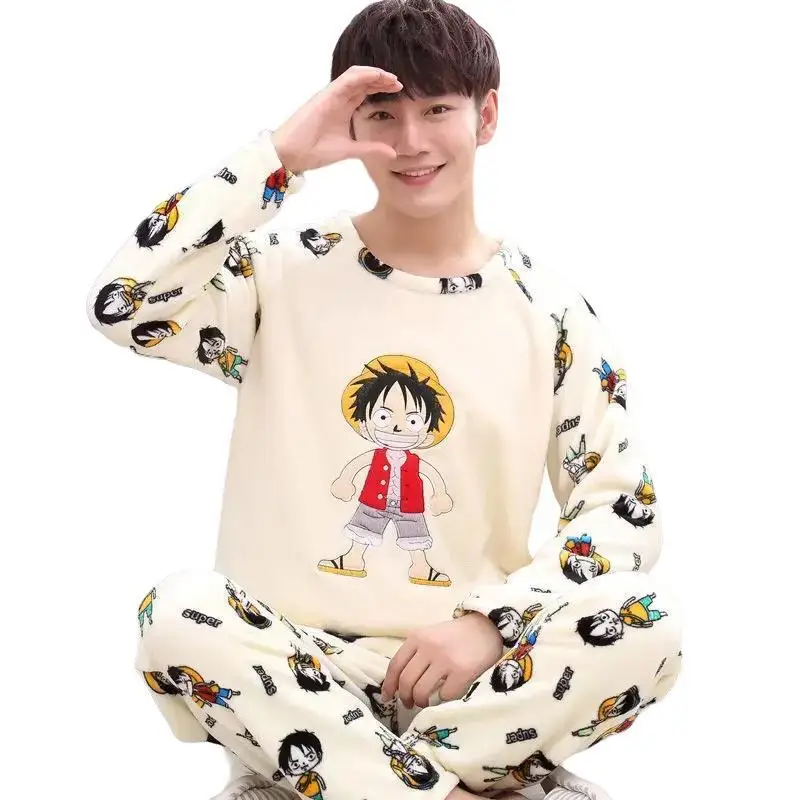 One Piece Cartoon Pajamas New Luffy Peripheral Creative Coral Velvet Thickened Style Flannel Men\'s Winter Fashion Home Wear Set