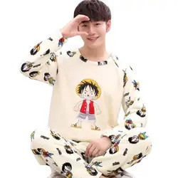 One Piece Cartoon Pajamas New Luffy Peripheral Creative Coral Velvet Thickened Style Flannel Men's Winter Fashion Home Wear Set