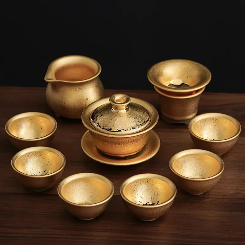 Jianzhan Kung Fu Tea Set Gold Oil Drop Glaze Ceramic Cup Household Tianmu Ware Iron Body Teaware Gift Box Complete Set for