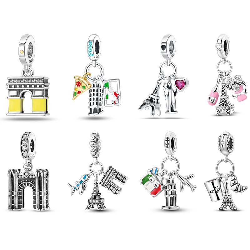 Famous Architecture Series 925 Silver Eiffel Tower Triumphal Colosseum Charms Beads 3mm DIY Fine Jewelry Making