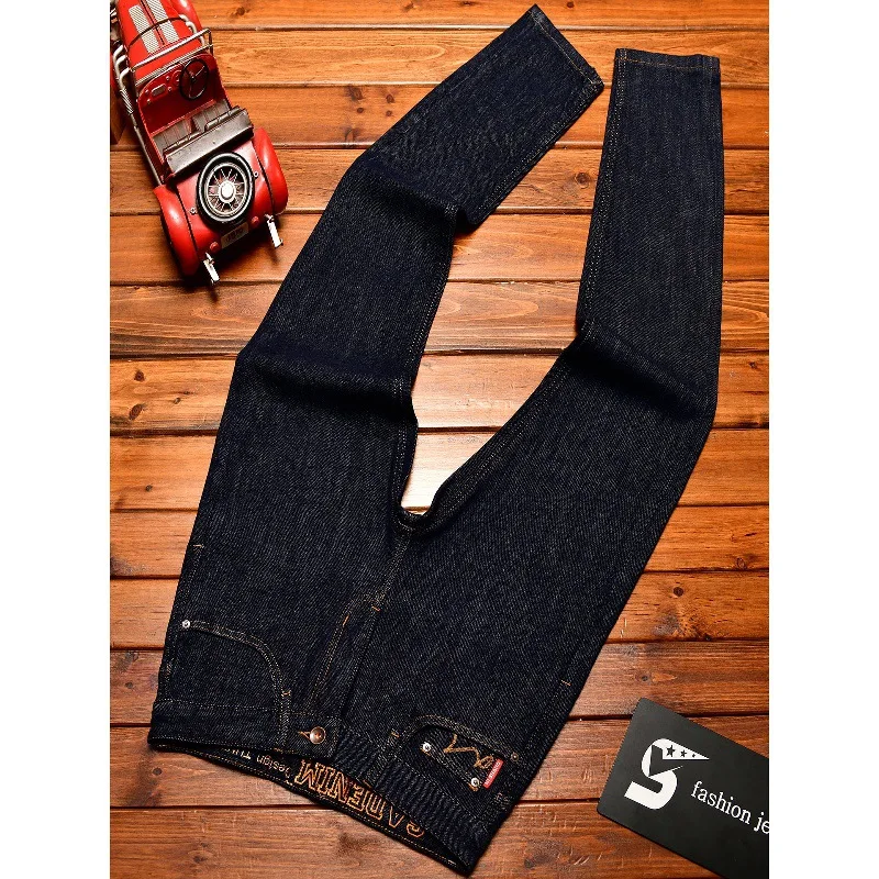 Deep blue jeans men's 2025 autumn fashion stretch slim fit fit Japanese style street trend embroidered small leg pants