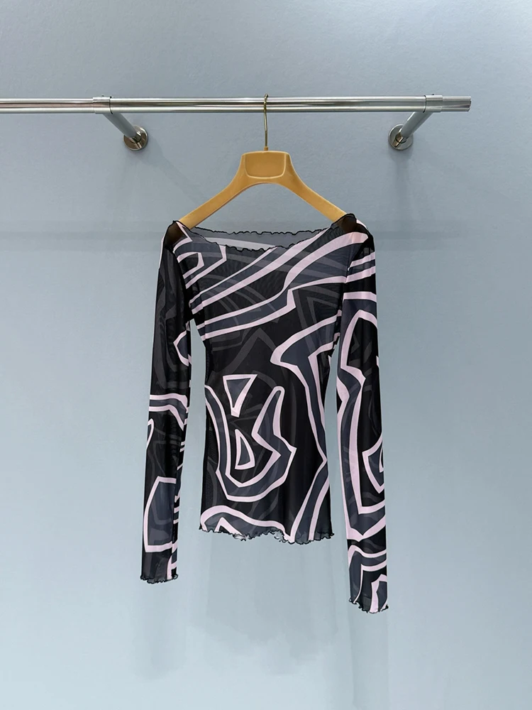 

Summer Fashion Vintage Geometric Print Translucent Silk Blouses Women's Sexy One Word Collar Long Sleeve Slim Pullovers