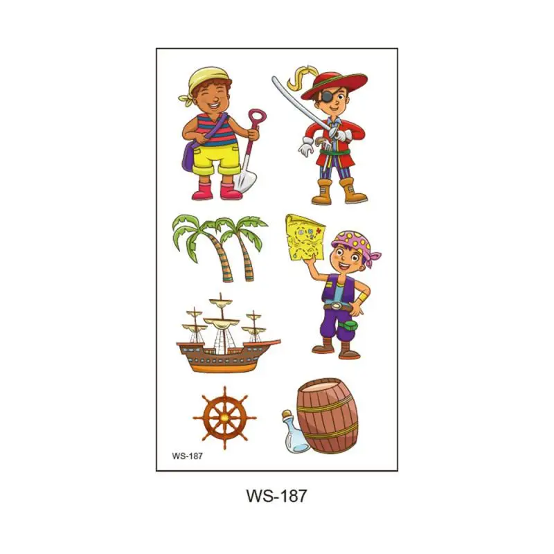 Juego de tatuaje temporal de piratas de dibujos animados, pegatina corporal desechable, Barco Pirata, loro, regalo para niños