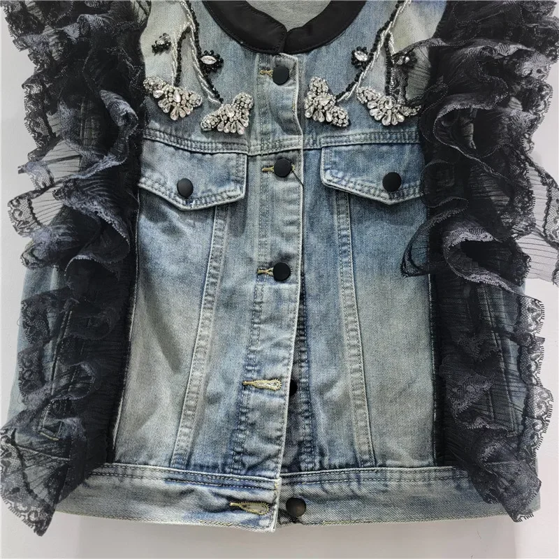 Koreanische Mode Spitze Patchwork Blau Kurze Denim Weste Frühling Frauen Neue Perlen Diamant Turndown Kragen Ärmellose Cowboy Weste