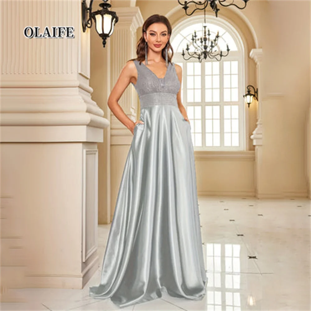 Abito da damigella d'onore senza maniche con paillettes Abito elegante con scollo a V lungo fino al pavimento per la festa nuziale Abbigliamento da donna Abito da sera da sposa