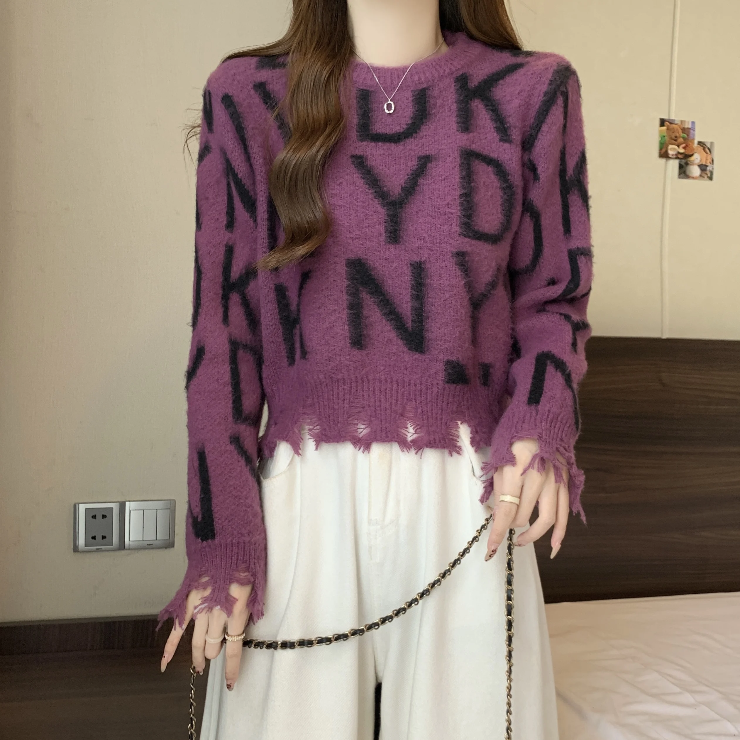 ort レディースセーター 2025年秋冬新作 ファッション ハイウエスト ホールレター刺繍 アウタートップ コットン ロングスリーブ クルーネック...