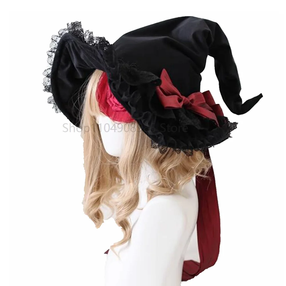

Velvet Witch Hat for Women Black Pointed Cosplay Head Wear Halloween Girl Gothic Lolita Bow Lace Princess Hat