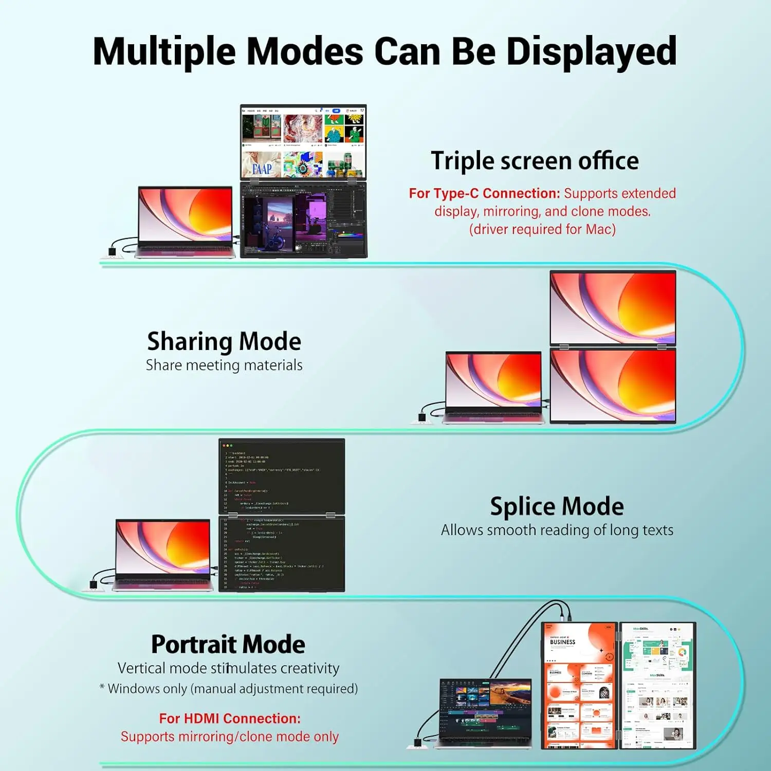 Moniteur Portable double 15.6 pouces, 1920x1080P FHD, réglable, double empilé, pliable, haut-parleurs intégrés, extension d'écran