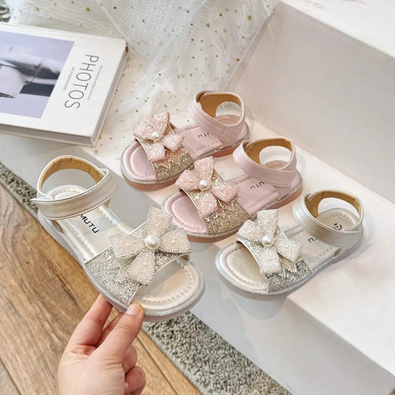 

Сандалии для девочек, летние сандалии принцессы с бантом, новинка 2023 года, модные универсальные сандалии для детей 3-14 лет, для детей на улице