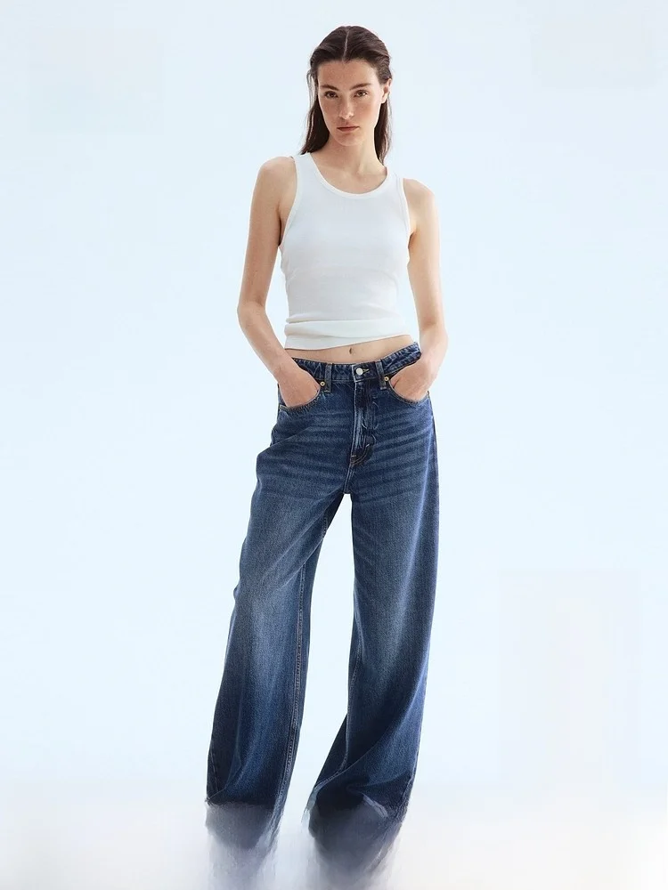 

Женские широкие джинсы H&M с высокой талией, из смесового хлопка, повседневные, зимние, мягкие, из денима, длинные брюки