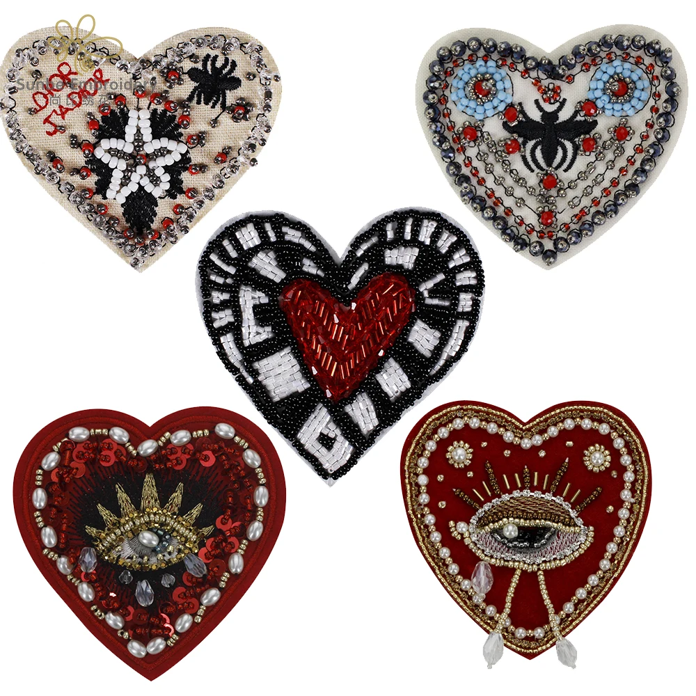 5 pieces Scared Heart Embroidered Patch with Evil Eyes Patches Rhinestones Applique Sew On Patch