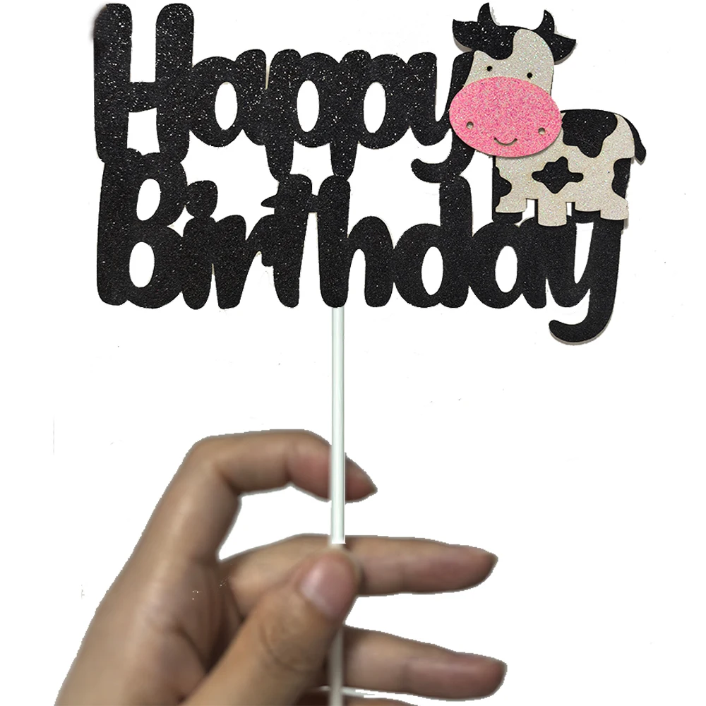 Cow Happy Birthday Cake Toppers Glitter Farm Animals Birthday Cow Cake Pick Decor for Cow Theme Baby Shower Boy Girl Birthday