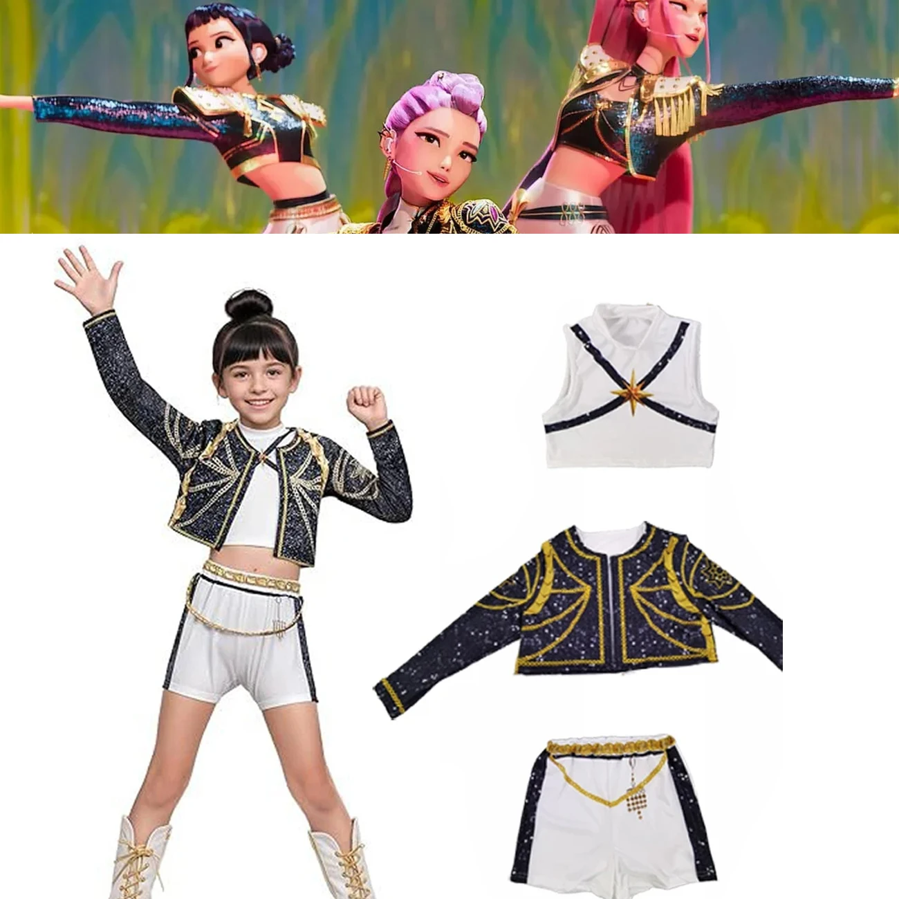 

Kids Girls Rumi Zoey Mira Cosplay Stage 3D Print Suit Set K-pop Demon Hunters Costume Performance Children Halloween Party