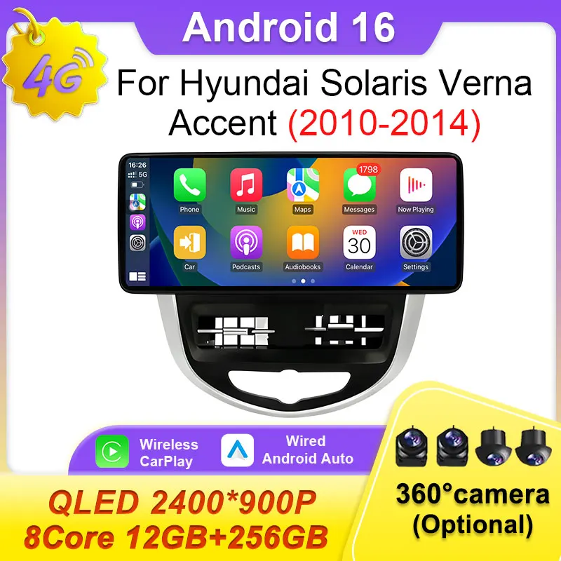 

12.3'' Android 16 Автомагнитола с Bluetooth для Hyundai Solaris Verna Accent 2010-2014, Carplay, мультимедиа, GPS-навигация