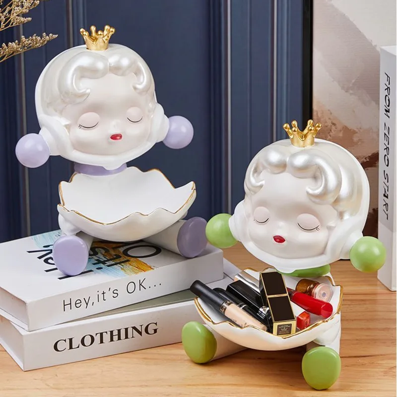 Pops Marts Skullpandas Girl Storage Tray Statue Creative Resin Big Pearl Girl Sculpture Keys Storage Box Fruits Plate Home Decor