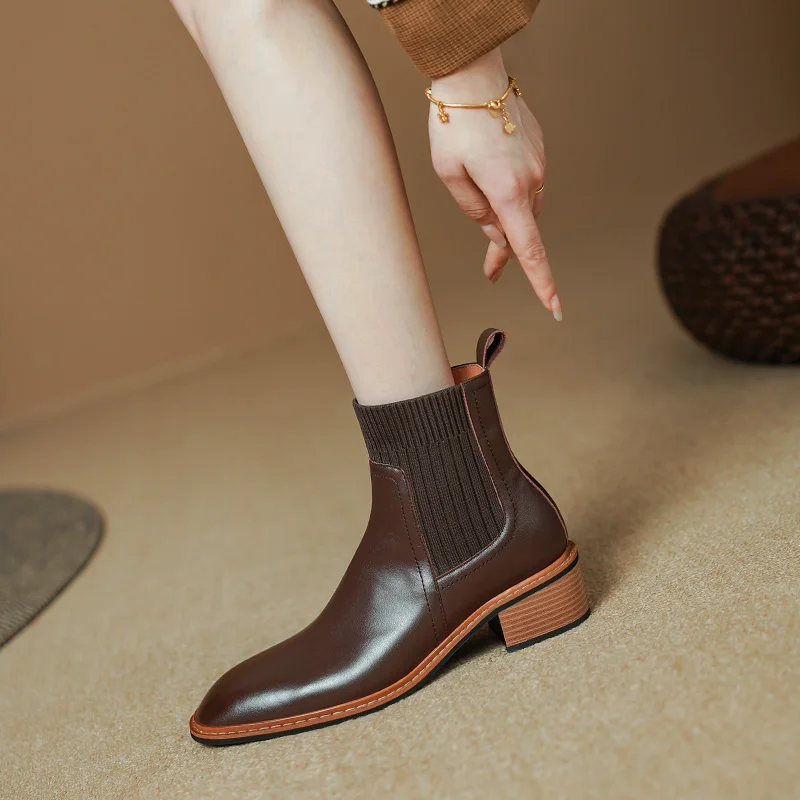 2024 Winter/Autumn Women Boots Ankle Boots Genuine Leather Shoes for Women Chelsea Short Boots Chunky Heel Ladies Women Shoes